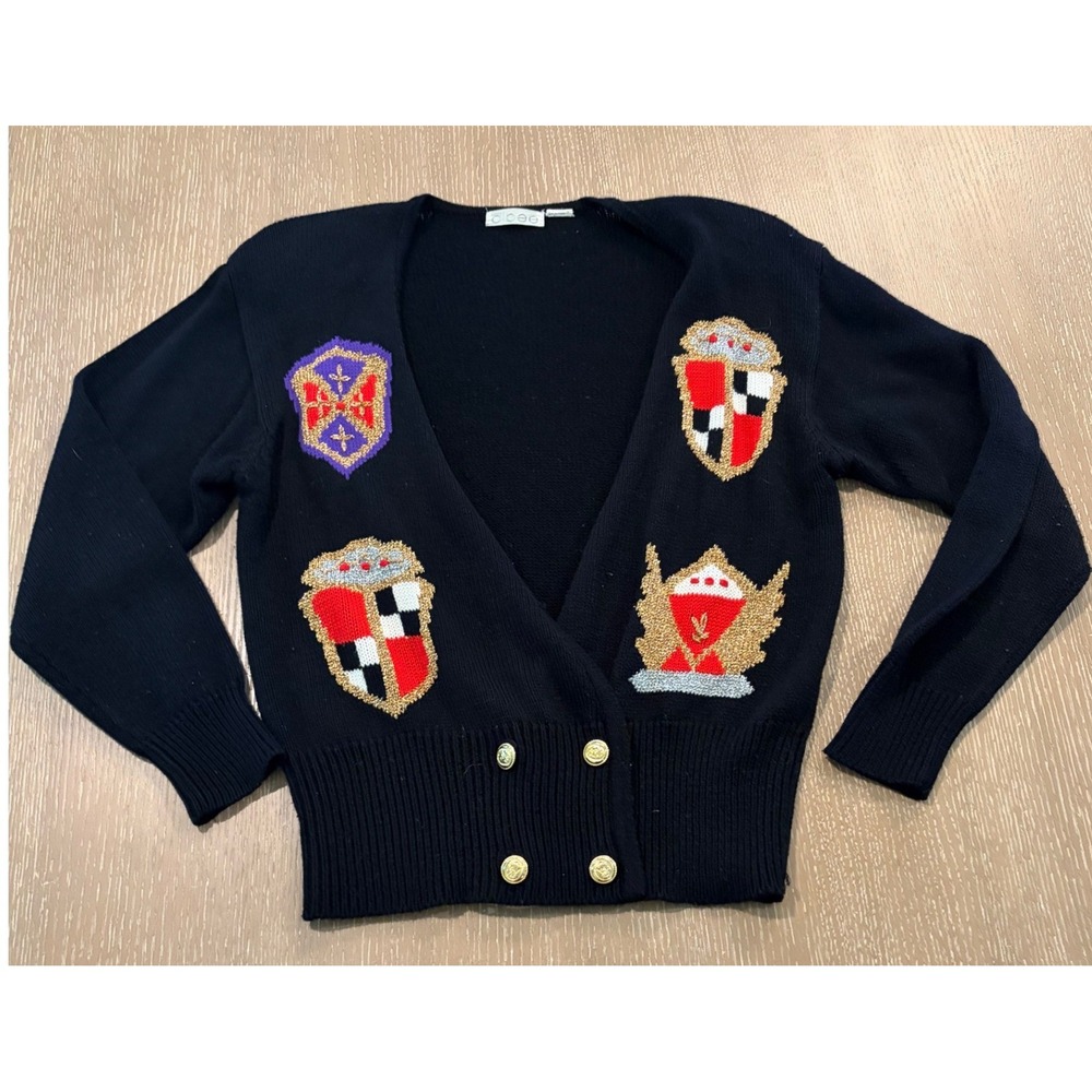 Albee Crest Shield Embroidered Cardigan Sweater Women's M Black‎ Gold Buttons